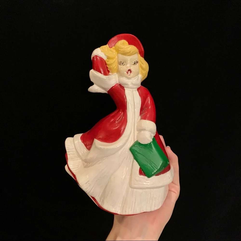 Vintage Ceramic Christmas Caroler Woman Red Flowing Dress Blowing in Wind FLAWS
